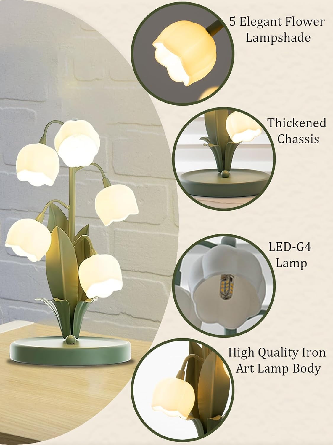 Green Flower Lamp for Home,5 Lily of the Valley Vintage Table Lamps | 3 Colors Modes Kawaii Bedside Lamp Decor,With G4 Bulb Nightstand Light for Living Room Office Bedroom