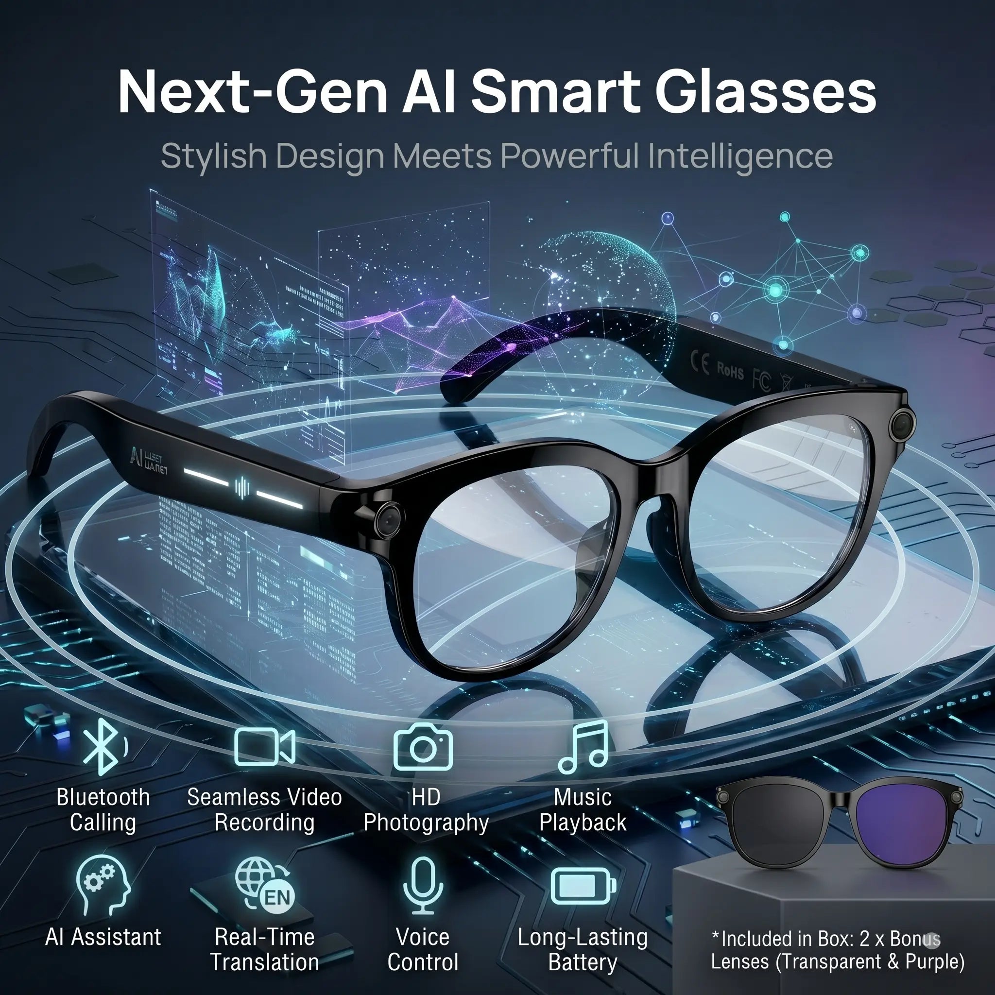 Smart AI Glasses with 8MP HD POV Camera - Button Touch Adjustment, Hands-Free Photography, Real-Time Multi-Language Translation, Bluetooth Wireless Video Recording, Portable Wearable - Ideal for Vlog,Travel, Outdoor,Sport, Father'S Day Gift