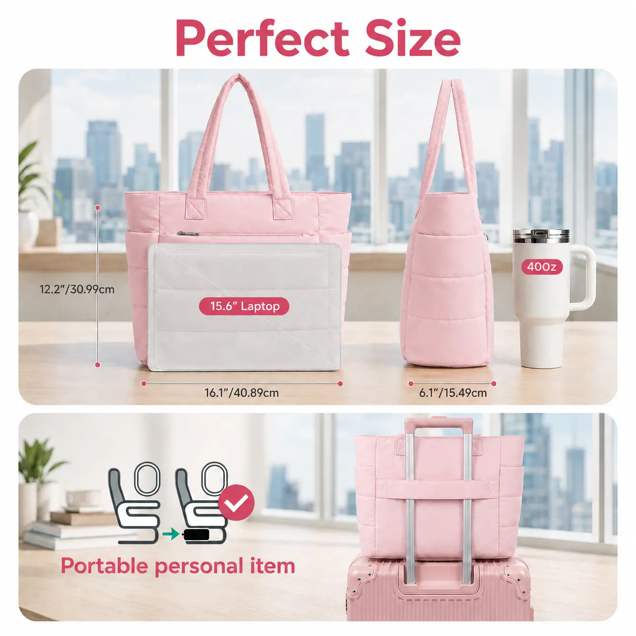 Fiveseasonhome 20L Puffy Quilted Tote Bag for Women, Lightweight Bubble Nylon Laptop Shoulder Bag with Built-In 40Oz Cup Holder & Multiple Compartments, Large Work Travel College Commute Handbag Fits 15.6 Inch Laptop