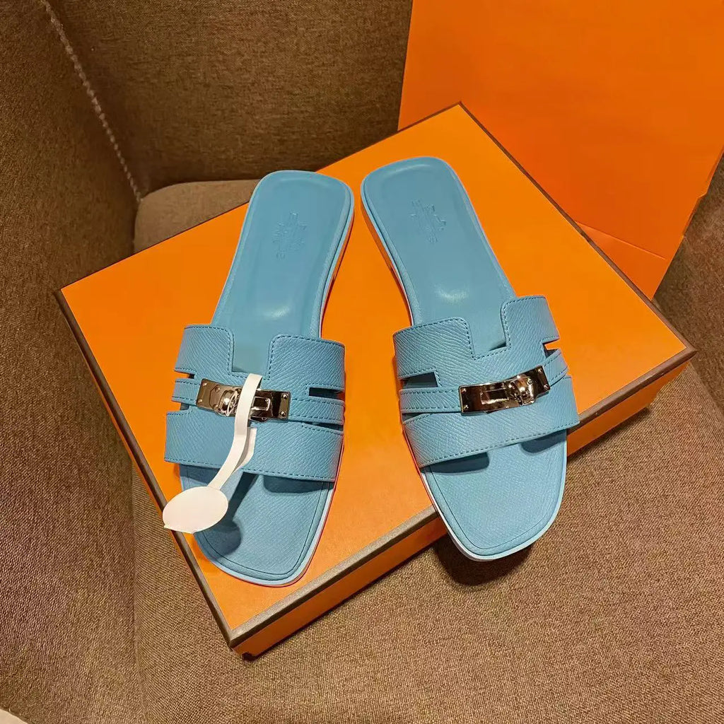 Women'S Flat Sandals with Metal Buckle - Stylish Versatile Spring/Summer New Arrivals Slide Walking Shoes for Girls