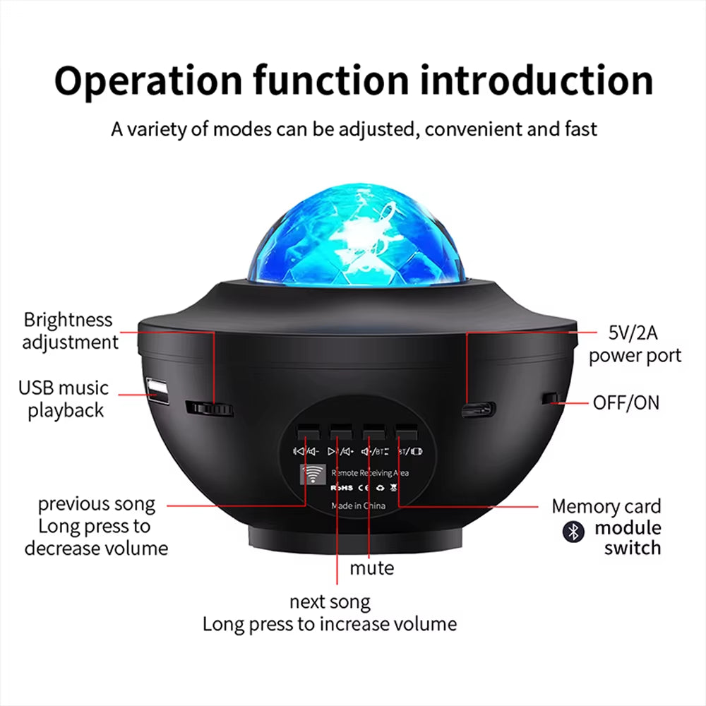 Starry Sky Projector Light LED Night Light Bluetooth Music Player Remote Ocean Wave Galaxy Ambient Light Bedroom Decoration Gift
