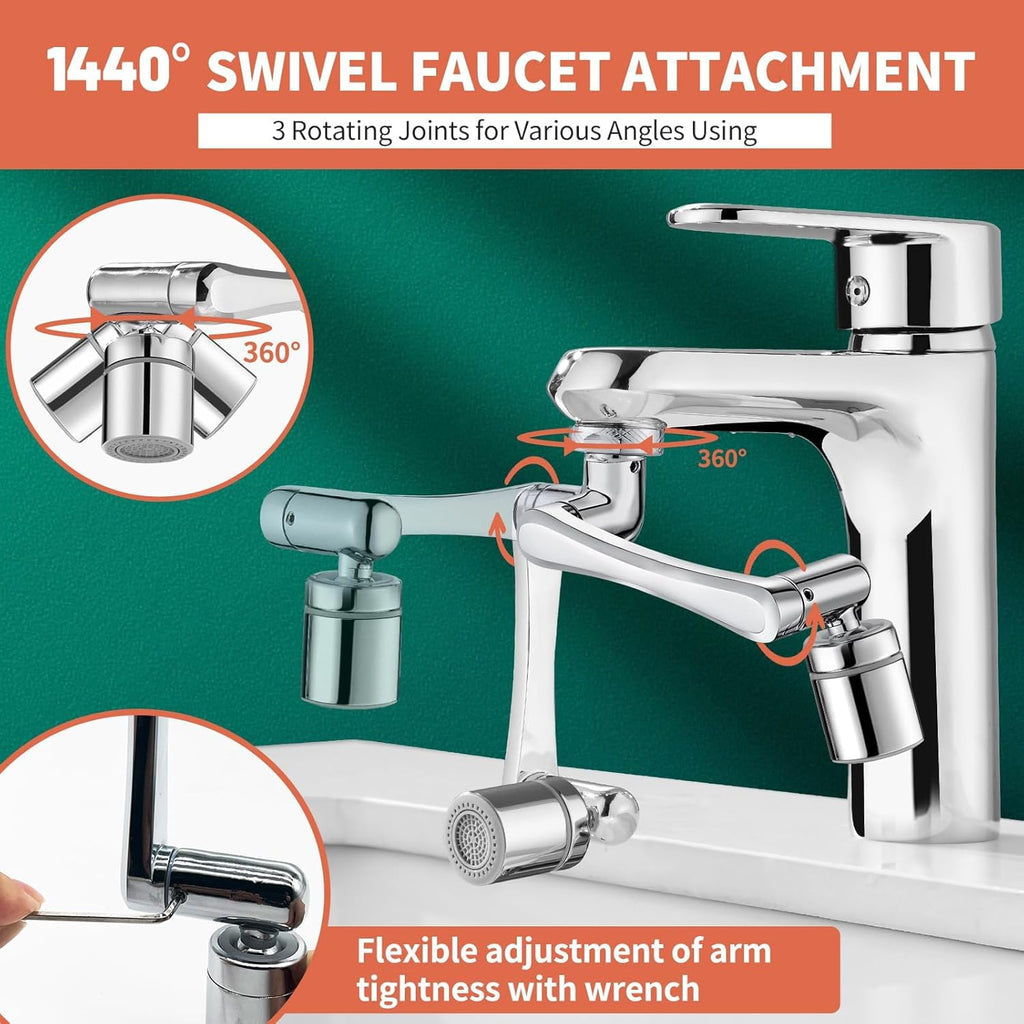 Patented  Swivel Faucet Extender Sink Aerator NSF/ANSI 372 Standard | Bathroom/Kitchen Tap Extension Lead-Free, 1440° Rotatable 2-Mode Water Splash Spray Attachment, Multifunctional Robotic Arm