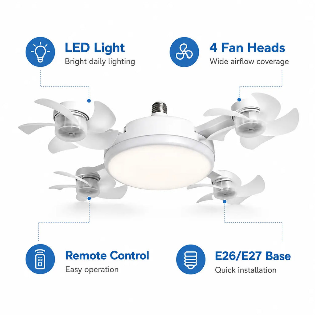 Ceiling Fan Light with Remote Control, 19.69 Inch Screw in Fan Heads, Quiet Airflow & Bright Lighting, Easy LED Fan Light, E26/E27 Base Foldable Ceiling Fan with 4 Installation for Bedroom, Living Room, Kitchen, Office, Dorm, Small Room Use