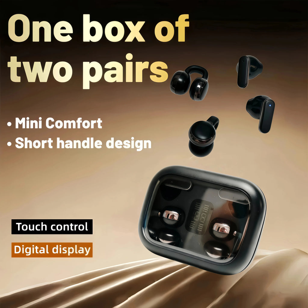 FLUFFDRIP Q10 [2-Pair Pack] Open-Ear Clip-On Wireless Earbuds (4 Units Total) — Mini Bluetooth Headphones with LED Digital Display Charging Case | Touch Controls | Open-Ear Sports Earphones Designed for Fitness & Running#Summerwins #Dealsforyoudays