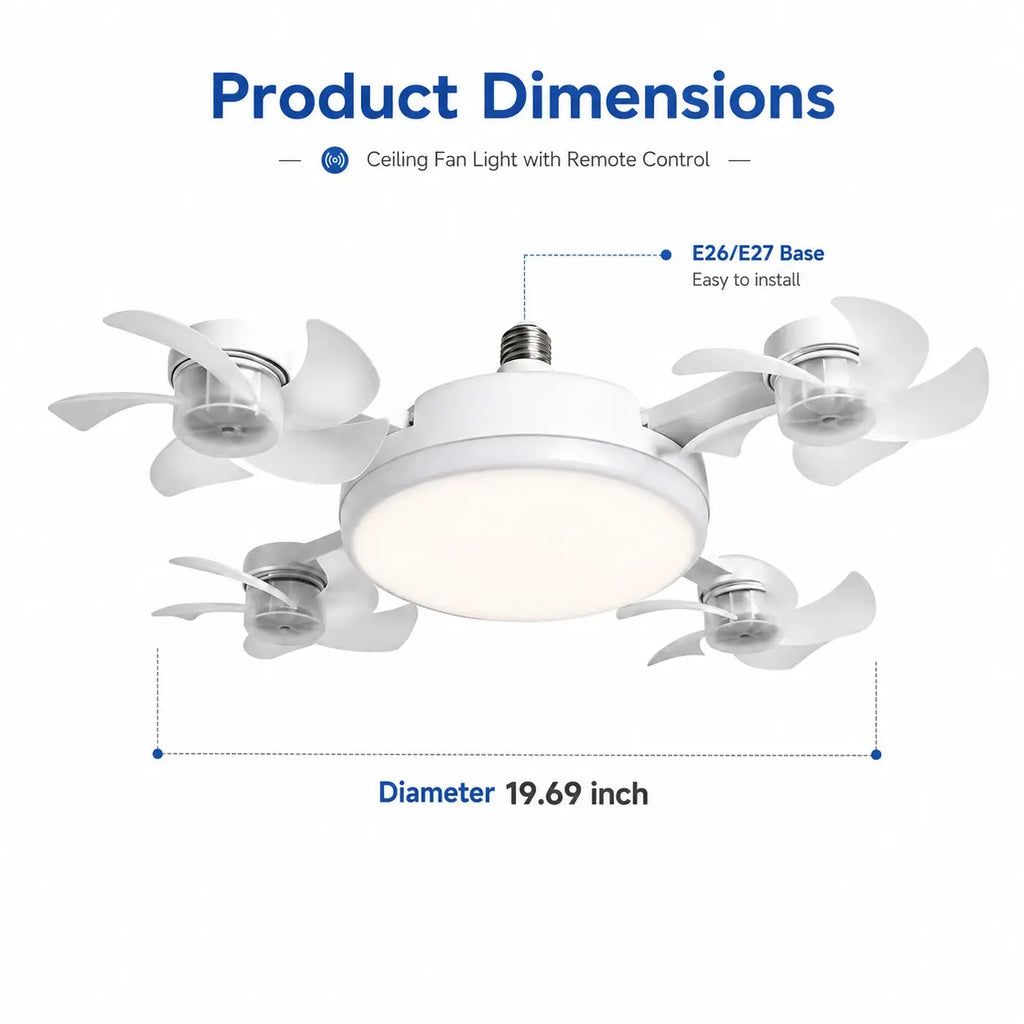 Ceiling Fan Light with Remote Control, 19.69 Inch Screw in Fan Heads, Quiet Airflow & Bright Lighting, Easy LED Fan Light, E26/E27 Base Foldable Ceiling Fan with 4 Installation for Bedroom, Living Room, Kitchen, Office, Dorm, Small Room Use