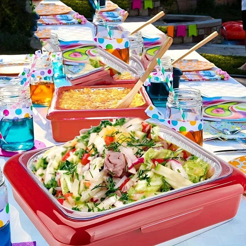 1Pc Rectangular Insulated Food Storage Container with Tin Foil Lining - Reusable,Flip-Top Plastic Tray for Lasagna,Bbq & Picnics