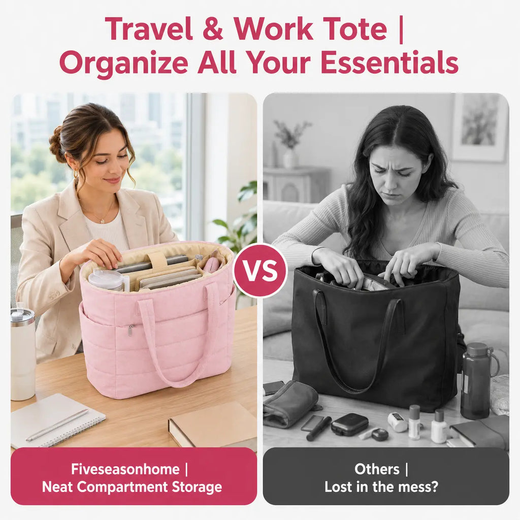 Fiveseasonhome 20L Puffy Quilted Tote Bag for Women, Lightweight Bubble Nylon Laptop Shoulder Bag with Built-In 40Oz Cup Holder & Multiple Compartments, Large Work Travel College Commute Handbag Fits 15.6 Inch Laptop