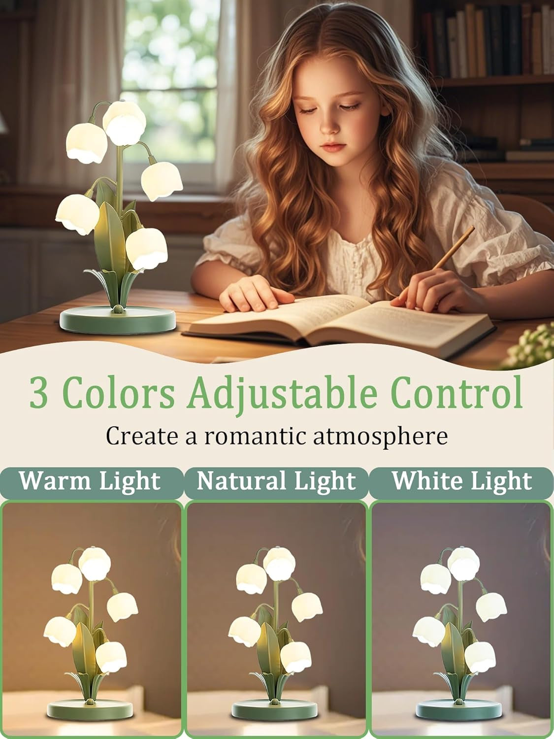 Green Flower Lamp for Home,5 Lily of the Valley Vintage Table Lamps | 3 Colors Modes Kawaii Bedside Lamp Decor,With G4 Bulb Nightstand Light for Living Room Office Bedroom