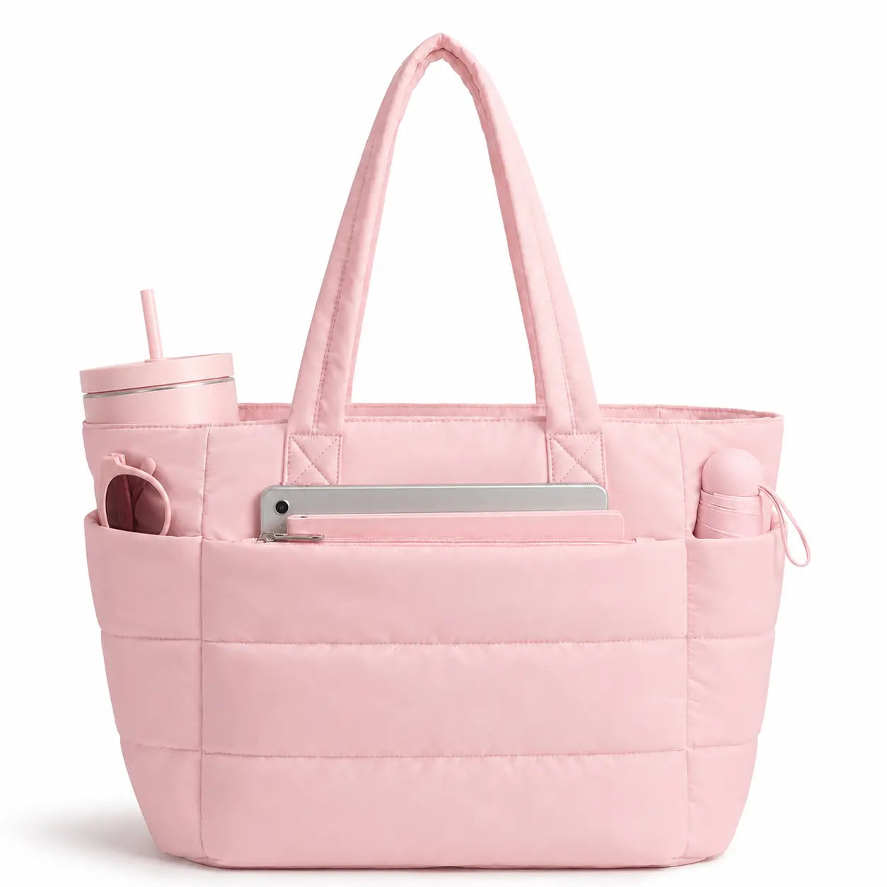 Fiveseasonhome 20L Puffy Quilted Tote Bag for Women, Lightweight Bubble Nylon Laptop Shoulder Bag with Built-In 40Oz Cup Holder & Multiple Compartments, Large Work Travel College Commute Handbag Fits 15.6 Inch Laptop